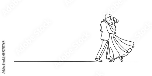 A beautiful continuous line drawing of a bride and groom dancing together in an elegant pose, capturing the romantic essence of a wedding celebration with simple, fluid strokes on a clean white backgr