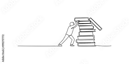 A continuous line art drawing of a human figure struggling to push a tall, unstable stack of books, representing the heavy burden of education, academic pressure, and the pursuit of deep knowledge tod