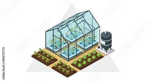 A pristine glass greenhouse structure houses organized rows of hydroponic plants connected to a large black irrigation tank within a triangular frame.