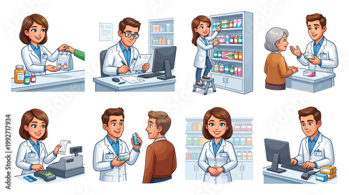 Professional Pharmacists and Drugstore Staff Illustrations Set Featuring Healthcare Professionals Assisting Customers with Medication and Prescriptions Pharmacy