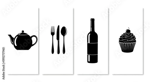 Black silhouettes of teapot cutlery wine bottle and cupcake on white background for food and drink themes