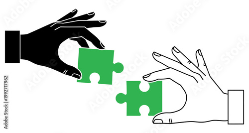 Two hands connecting puzzle pieces symbolizing teamwork and collaboration in business