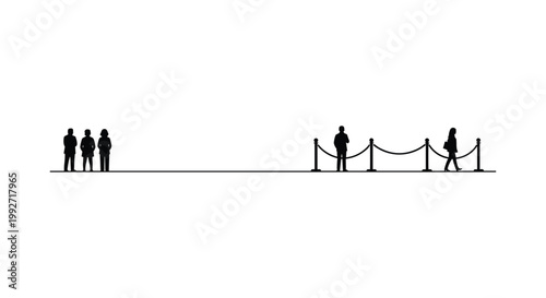 Numerous black silhouettes of diverse people stand in long organized queues separated by formal stanchions and velvet ropes against a stark white background.