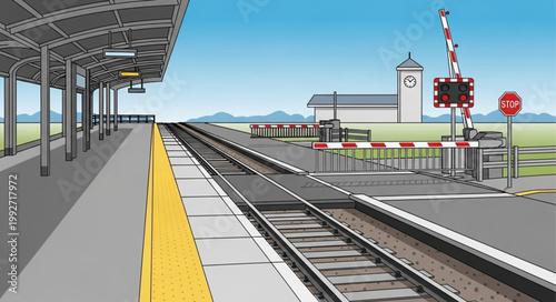 Empty Train Station Platform with Railroad Tracks and Crossing Gate.