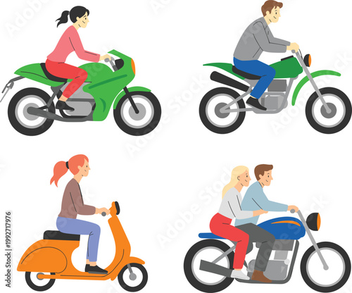People riding motorcycles and scooter set, transportation lifestyle vector illustration collection