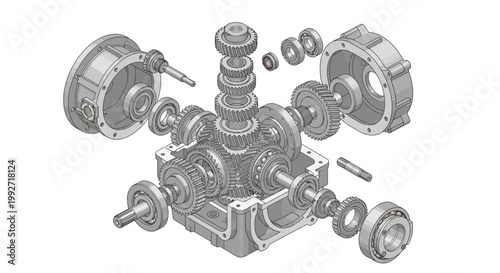 Detailed technical illustration of a gearbox assembly with gears and bearings in an exploded view, rendered in shades of gray against a clean white background, showcasing intricate