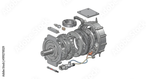 Isometric exploded view illustration of an electric motor assembly, showcasing its intricate components and design, with a technical drawing style and a clean, white background