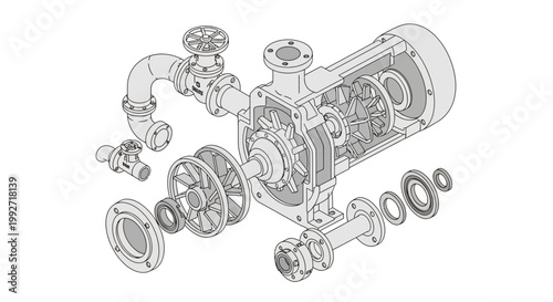 Isometric technical drawing shows the inner workings of a rotary lobe pump with detailed gears and pipe connections, rendered in a clean, monochromatic style against a stark white