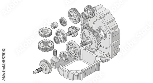 Diagrammatic illustration of a gearbox with gears, bearings, and shafts exploded from their housing, presented in a technical drawing style with precise line work and a neutral color