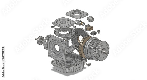 Detailed exploded view of a gear assembly, showcasing its intricate components and mechanical design on a clean white background, rendered with technical precision and a cool, neutral color
