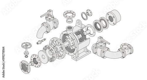 Detailed isometric diagram of a centrifugal pump with disassembled parts displayed on a white background, showcasing the inner mechanics and construction with a technical, informative