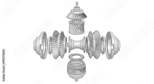 Detailed diagram of a mechanical differential assembly is presented with an exploded view on a clean white background, rendered in a technical illustration style, highlighting