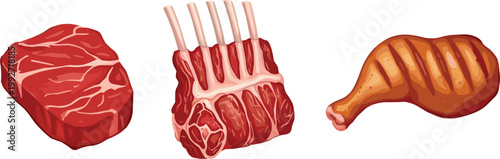 Assorted Raw Meat and Poultry Cuts Vector Illustration Set Featuring Fresh Beef Steak Lamb Ribs and Grilled Chicken Drumstick for Butcher Shop Menu and Barbecue Designs