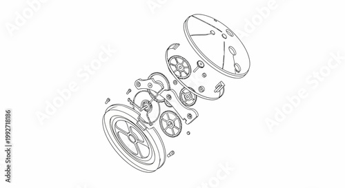 Monochrome exploded view illustration showing the inner workings and components of a round mechanical device, presented as a technical drawing against a plain white background with clean