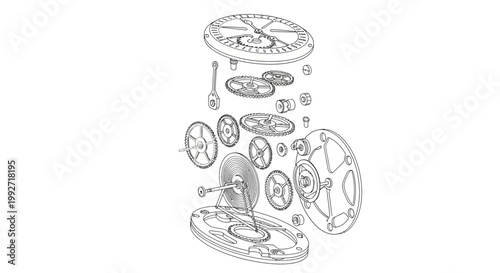 Detailed technical line drawing of a watch mechanism with gears and components floating in an exploded view, set against a clean white background, exhibiting precision and complexity