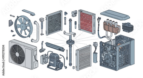 A detailed exploded diagram showcases air conditioning system components, displayed against a white backdrop with a technical illustration style and neutral tones, presenting the inner