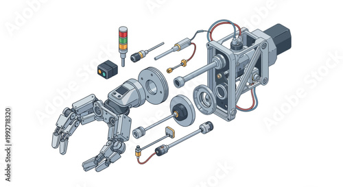 Isometric vector illustration shows an exploded view of a robotic arm mechanism with various components laid out against a white background, rendered in a detailed, technical drawing style