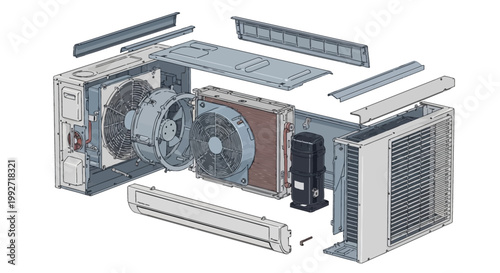 Detailed technical illustration of an air conditioner unit with its components disassembled and floating in a structured arrangement, set against a clean white background, offering a clear