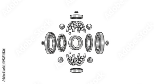 Detailed technical illustration of a disassembled ball bearing assembly with all the components carefully arranged against a clean white background, rendered in a precise and monochromatic