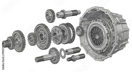 Detailed exploded view illustration of a car transmission assembly with gears and shafts arranged on a white surface, rendered with technical precision and a neutral color palette