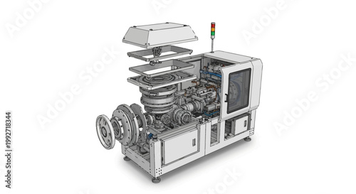 An exploded-view diagram showcases a complex industrial machine with various components, including gears and a control panel, against a stark white background, rendered in a detailed