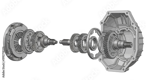 Detailed exploded diagram of a vehicle transmission system showing gears, shafts, and housing components in monochrome against a white backdrop, providing an educational automotive