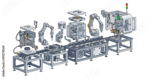 Isometric view of an automated assembly line featuring robotic arms and machinery, components of an engine are being assembled, set against a clean white background showcasing a detailed