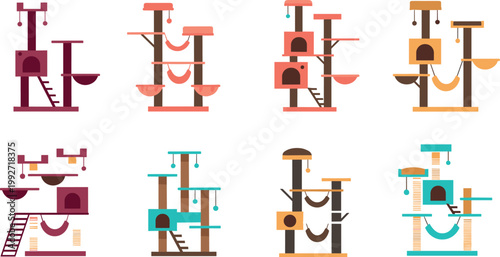 Modern cat playground furniture set with climbing structures, pet activity centers collection with ladders platforms and toys vector illustration