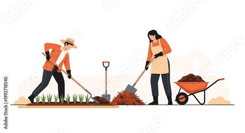Meticulous gardeners work together to cultivate a fertile vegetable patch using traditional hand tools and a bright orange wheelbarrow in a serene outdoor setting.