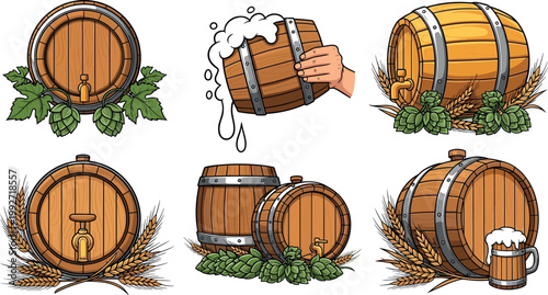 Beer barrels with taps foam and hops set, wooden brewery casks with wheat elements, craft beer vector illustration collection