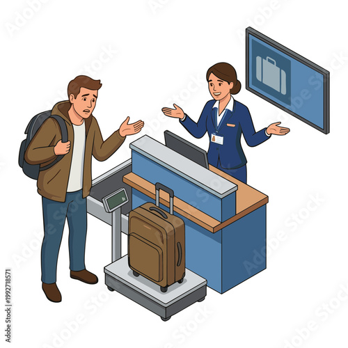 Man talks to travel agent at airport check-in counter with luggage