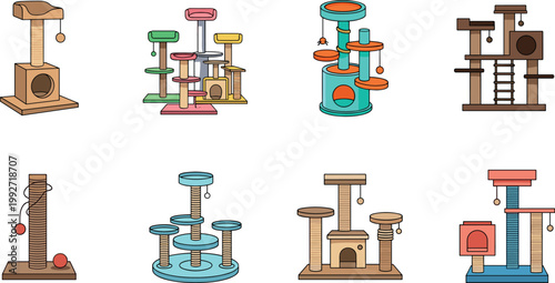 Cat scratching posts and activity trees collection, pet furniture set with platforms toys and houses, vector illustration