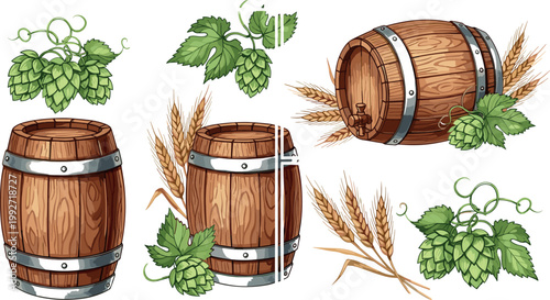 Wooden beer barrels with hops and wheat collection, brewery elements set for craft beer production, detailed vector illustration