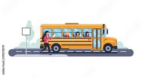 A classic yellow school bus waits on a paved road while a young student with a black backpack runs quickly toward the open doors near a blank white sign.
