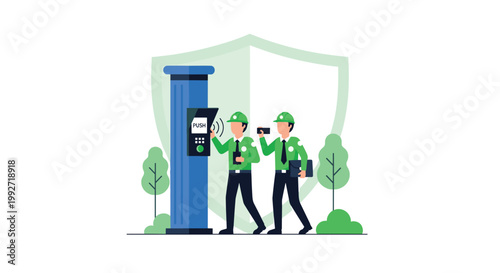 Vigilant security personnel in bright green uniforms monitor a high-tech blue access control terminal protected by a large translucent safety shield icon backdrop.