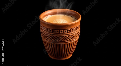 A steaming cup of traditional indian masala chai served in a decorative clay kulhad cup, isolated against a solid black background