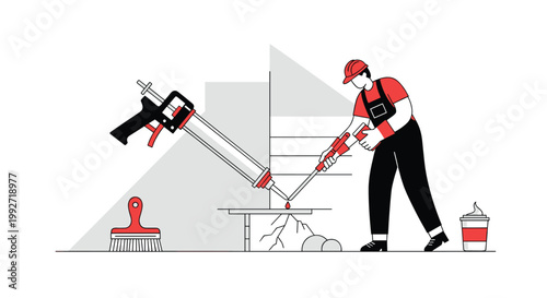A professional construction worker wearing a red safety helmet and black overalls meticulously applies sealant to a cracked surface using a large industrial tool.