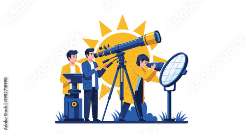 Dedicated astronomers in bright yellow lab coats utilize a large blue telescope and solar panel to conduct scientific observations of a massive golden sun.
