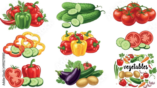 Fresh vegetables collection with tomatoes cucumbers and bell peppers, organic healthy food set, colorful farm produce vector illustration