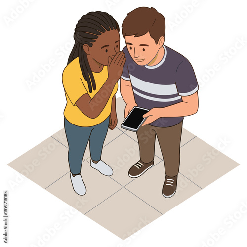 A man shows a woman a mobile phone while she whispers on a tiled floor.