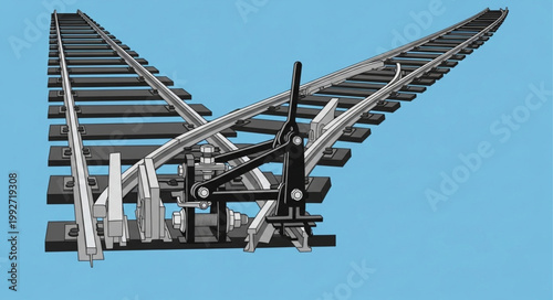 Railway switch track junction with lever mechanism.