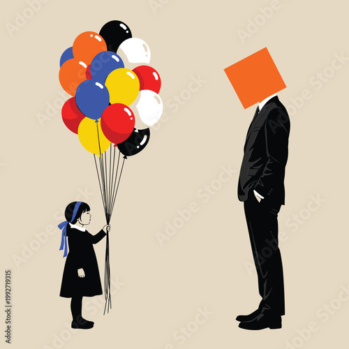 Child holding a bunch of balloons approaches an adult with a square head balloons surprise symbolism communication loneliness connection