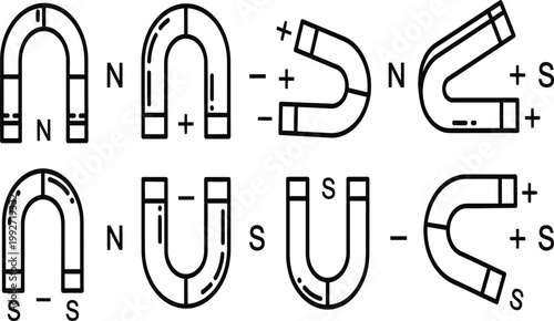 Illustrative diagram of horseshoe magnets and magnetic poles exploring attraction and repulsion
