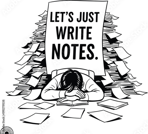 Person overwhelmed by a large stack of papers with a sign saying 'let's just write notes' overwhelmed exhausted deadline information documentatio