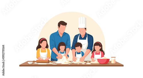 A professional chef and a father guide three young children as they joyfully knead white bread dough together on a long rustic wooden kitchen table.