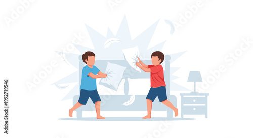 Two energetic young brothers engage in a playful pillow fight on a soft bed while white feathers explode into the air against a muted background.