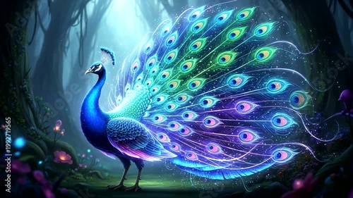 Colorful peacock displaying feathers in enchanted forest