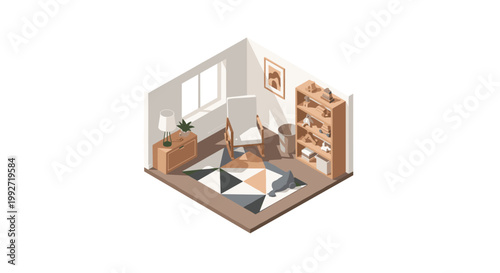 Charming isometric nursery room interior design with a white rocking chair, a colorful geometric rug, and a wooden bookshelf filled with various children toys.