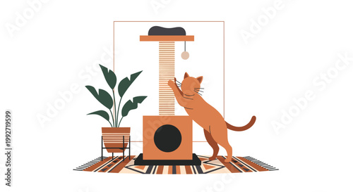 Playful orange tabby cat stretching its body to use a tall vertical scratching post located in a stylish room with a vibrant potted green plant on a rug.