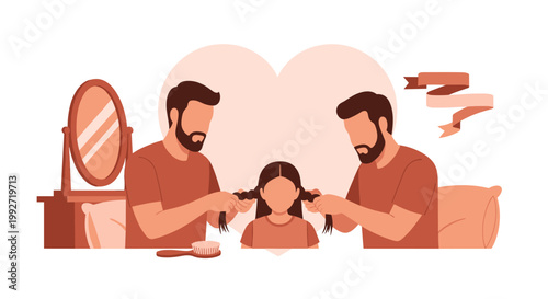 Two affectionate bearded men in warm brown shirts meticulously braid their young daughter's long dark hair against a soft pink heart-shaped background.